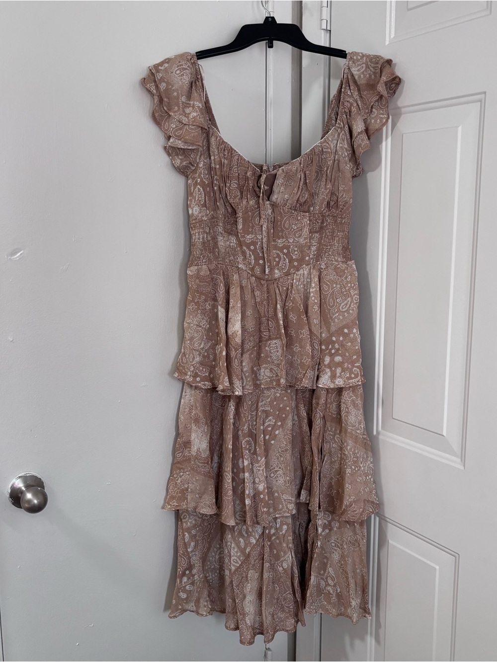 Francesca's Collections Beige Paisley Tiered Ruffle Midi Dress Cottagecore Boho